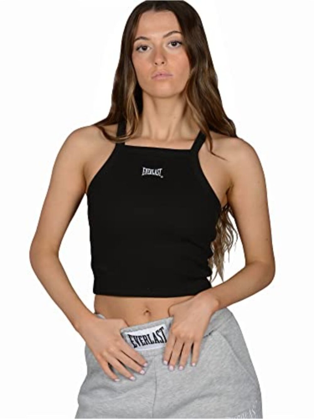 Cropped Halter Tank Top Square Neck Sleeveless Cotton Blend